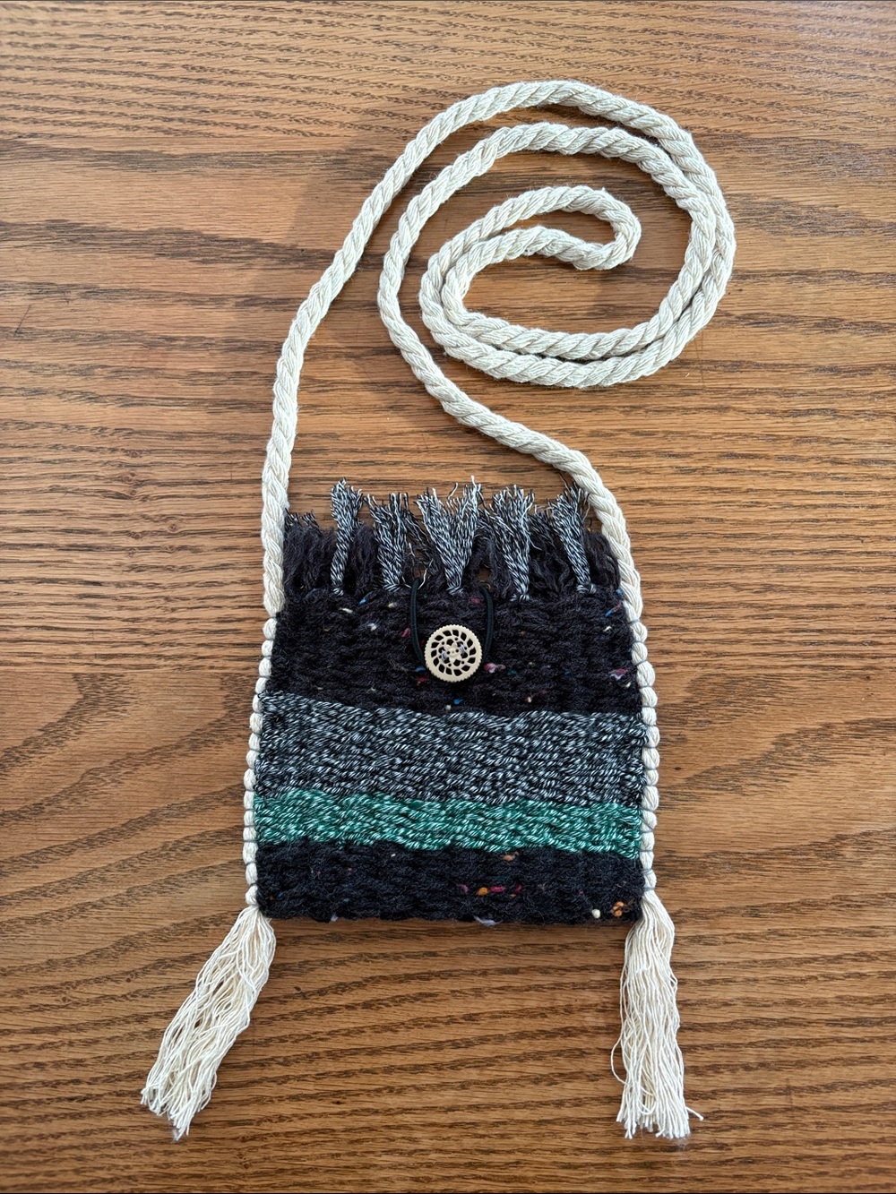 NWOT Handcrafted Boho Woven Mini Bag Fringe Pouch Green Black Grey Striped